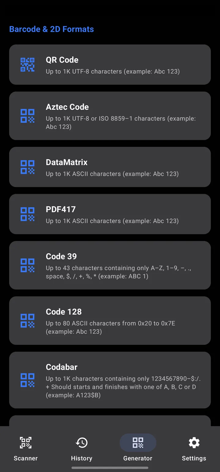 The list of barcode and 2D formats in the generator