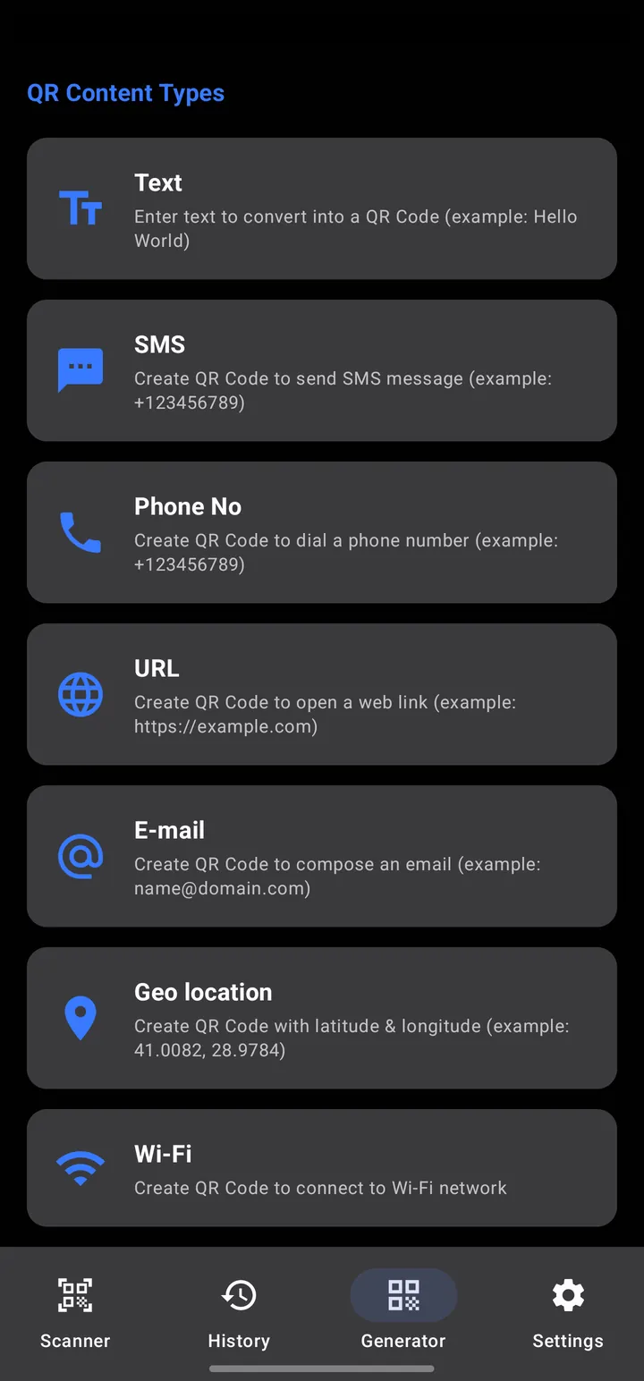 The list of QR code content types in the generator