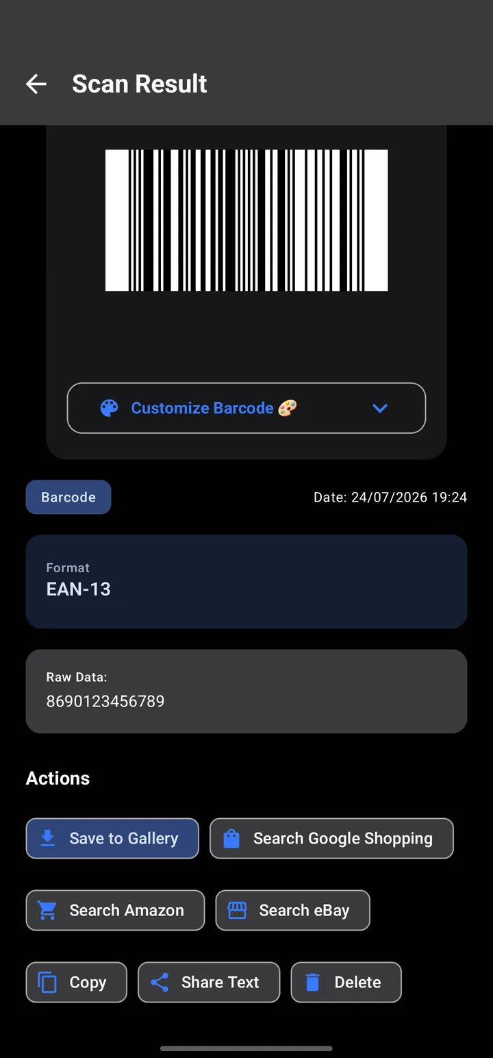 Scan result for an EAN-13 product barcode with shopping search buttons
